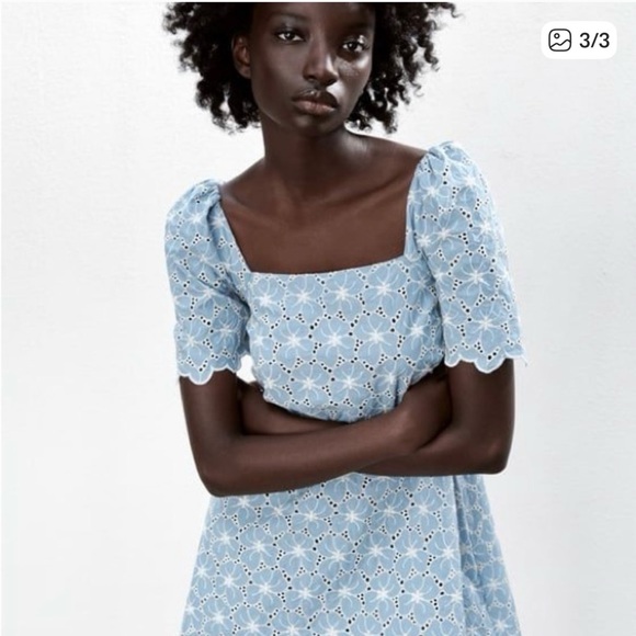 ZARA Eyelet Embroidered Cotton Dusty Blue Dress Women’s Large - Picture 2 of 12